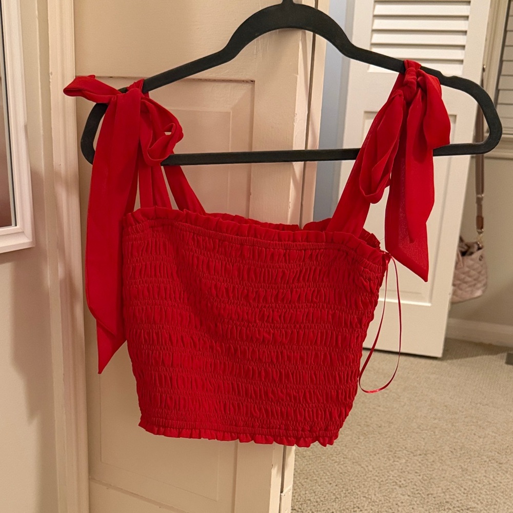 Altar'd State Red Smocked Tie-Shoulder Crop Top